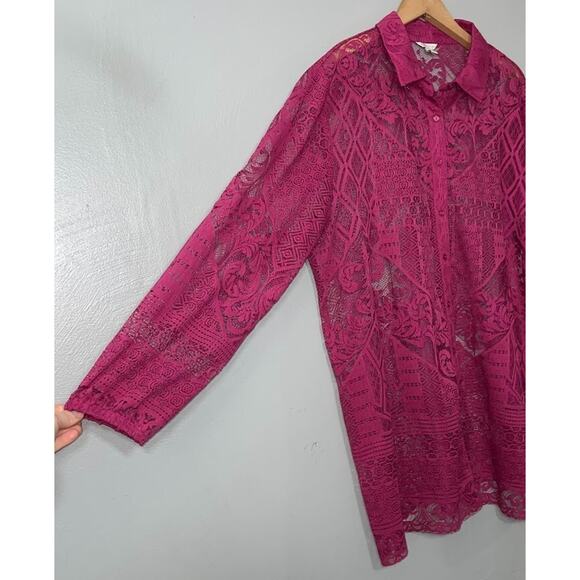 Cato Plus Size 18 20W Pink Lace Overlay Button Up Shirt Sheer Romantic Feminine - Picture 3 of 11